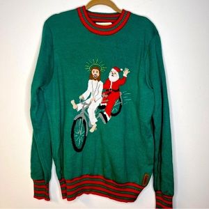 Tipsy Elves Green Knit Jesus + Santa Claus Bicycle Pullover Ugly Sweater size xl